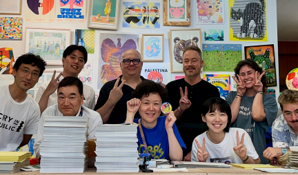 With executives from Riso Kagaku Corporation and the staff of Hand Saw Press in Tokyo.